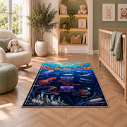 underwater ocean explorer rug displayed in a nursery beside an upholstered chair