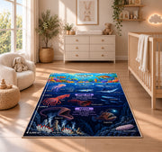underwater ocean explorer rug displayed in a nursery beside a crib