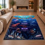 underwater ocean explorer rug displayed in a living room with a fireplace