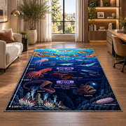 underwater ocean explorer rug displayed in a lounge with wooden shelves
