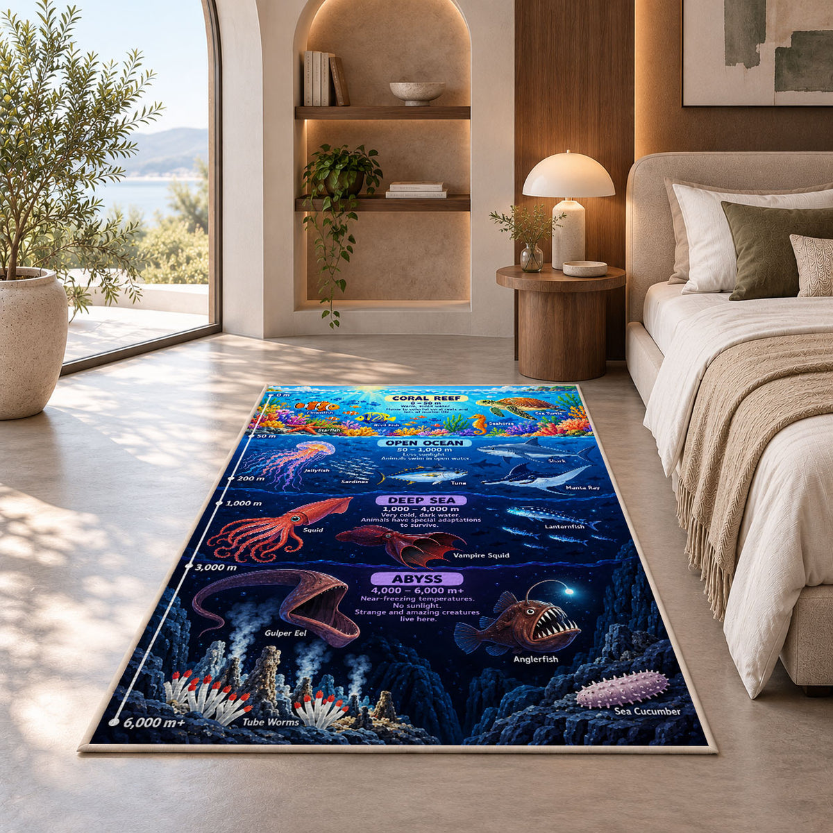 underwater ocean explorer rug displayed in a bedroom in sunlight