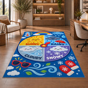 weather wheel activity rug displayed in a living room with wooden shelves