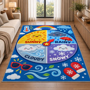 weather wheel activity rug displayed in a sunlit lounge beside a sofa