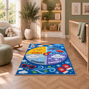 weather wheel activity rug displayed in a nursery beside an upholstered chair