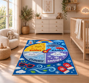 weather wheel activity rug displayed in a nursery beside a crib