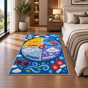 weather wheel activity rug displayed in a bedroom beside the bed