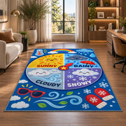 weather wheel activity rug displayed in a lounge with wooden shelves