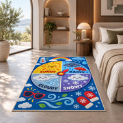 weather wheel activity rug displayed in a bedroom in sunlight