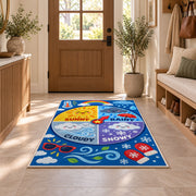 weather wheel activity rug displayed in a entryway beside a wooden door