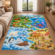 woodland and polar wildlife learning map rug displayed in a sunlit lounge beside a sofa
