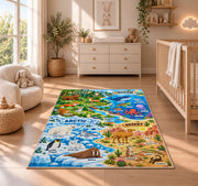 woodland and polar wildlife learning map rug displayed in a nursery beside a crib