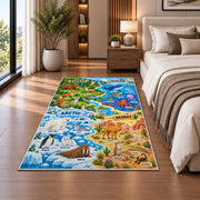 woodland and polar wildlife learning map rug displayed in a bedroom beside the bed