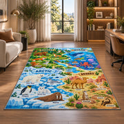 woodland and polar wildlife learning map rug displayed in a lounge with wooden shelves