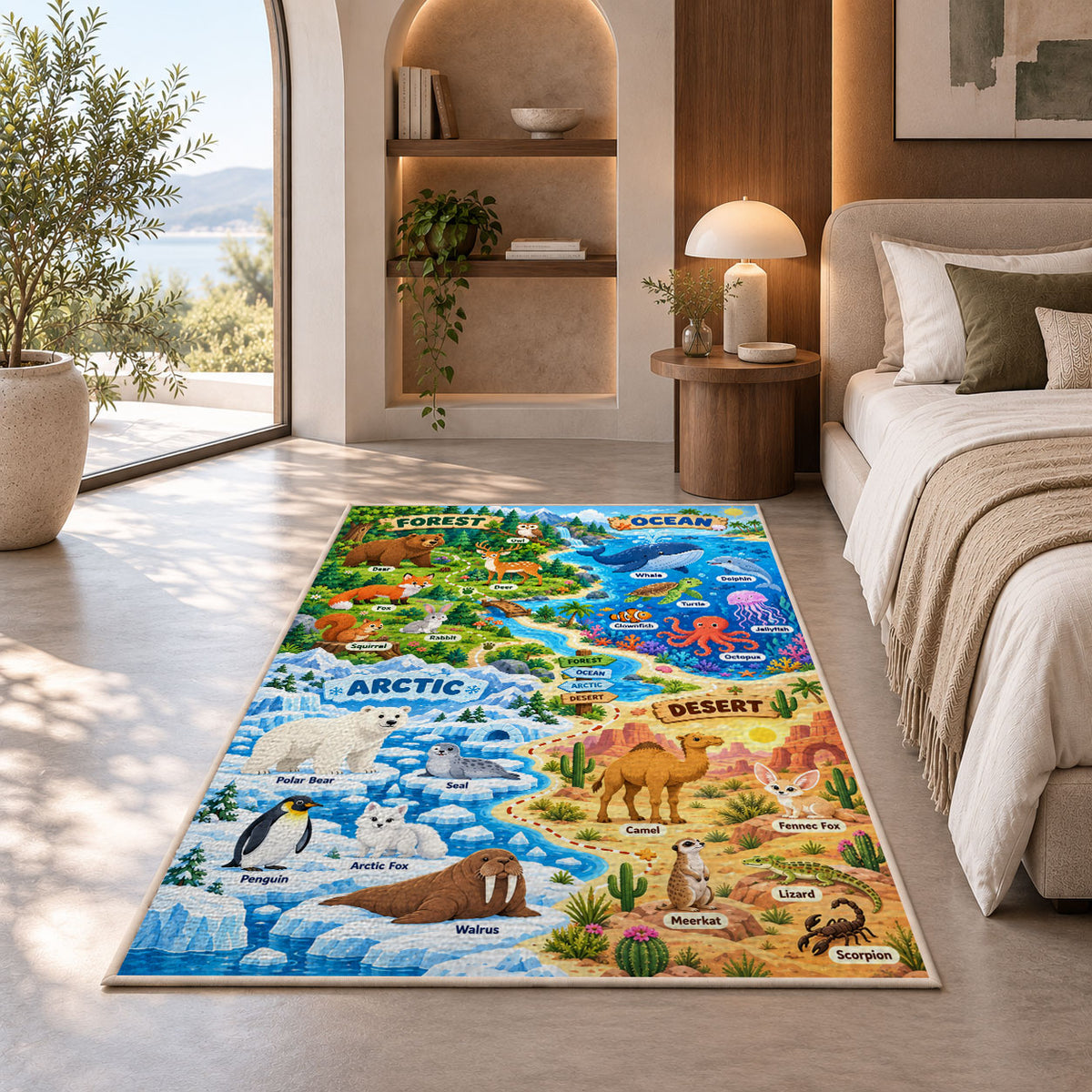 woodland and polar wildlife learning map rug displayed in a bedroom in sunlight