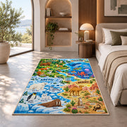 woodland and polar wildlife learning map rug displayed in a bedroom in sunlight