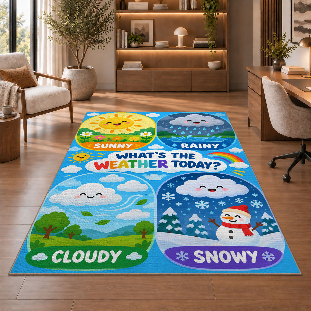 weather today learning panels rug displayed in a living room with wooden shelves