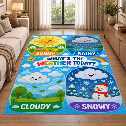 weather today learning panels rug displayed in a sunlit lounge beside a sofa