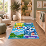 weather today learning panels rug displayed in a nursery beside an upholstered chair