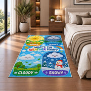 weather today learning panels rug displayed in a bedroom beside the bed