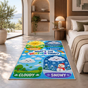 weather today learning panels rug displayed in a bedroom in sunlight