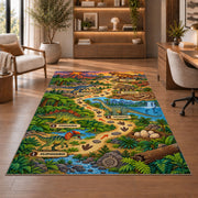 dinosaur footprint adventure rug displayed in a living room with wooden shelves
