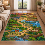 dinosaur footprint adventure rug displayed in a sunlit lounge beside a sofa