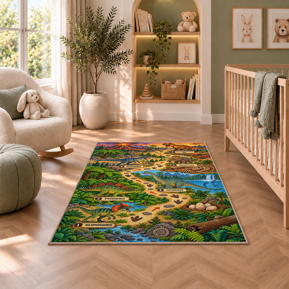 dinosaur footprint adventure rug displayed in a nursery beside an upholstered chair