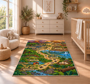 dinosaur footprint adventure rug displayed in a nursery beside a crib