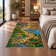dinosaur footprint adventure rug displayed in a bedroom beside the bed