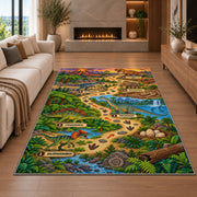dinosaur footprint adventure rug displayed in a living room with a fireplace