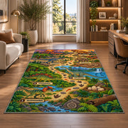 dinosaur footprint adventure rug displayed in a lounge with wooden shelves