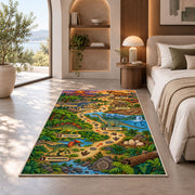 dinosaur footprint adventure rug displayed in a bedroom in sunlight