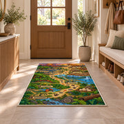 dinosaur footprint adventure rug displayed in a entryway beside a wooden door