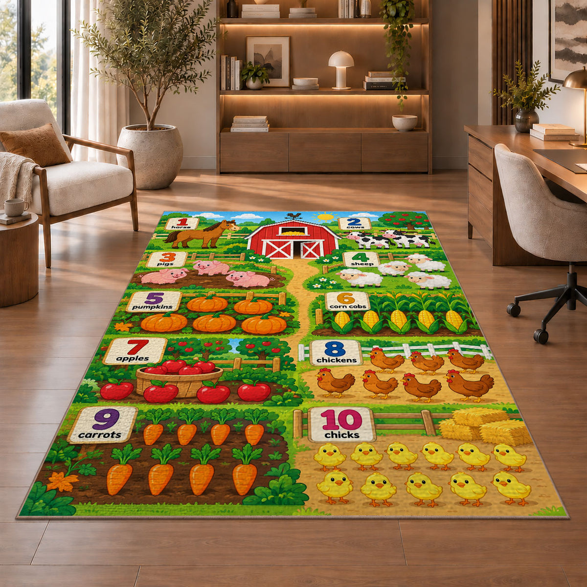 farm animal and vegetable counting rug displayed in a living room with wooden shelves