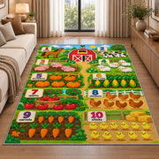 farm animal and vegetable counting rug displayed in a sunlit lounge beside a sofa