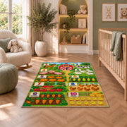 farm animal and vegetable counting rug displayed in a nursery beside an upholstered chair
