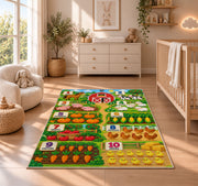 farm animal and vegetable counting rug displayed in a nursery beside a crib