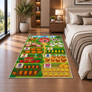 farm animal and vegetable counting rug displayed in a bedroom beside the bed