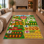 farm animal and vegetable counting rug displayed in a living room with a fireplace