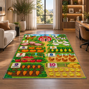 farm animal and vegetable counting rug displayed in a lounge with wooden shelves