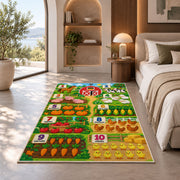 farm animal and vegetable counting rug displayed in a bedroom in sunlight