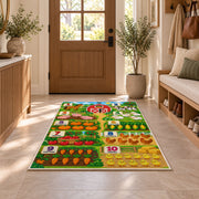 farm animal and vegetable counting rug displayed in a entryway beside a wooden door