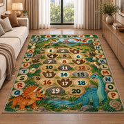 dinosaur alphabet number trail rug displayed in a sunlit lounge beside a sofa