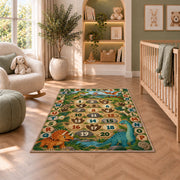 dinosaur alphabet number trail rug displayed in a nursery beside an upholstered chair