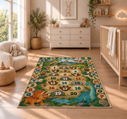 dinosaur alphabet number trail rug displayed in a nursery beside a crib