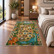 dinosaur alphabet number trail rug displayed in a bedroom beside the bed