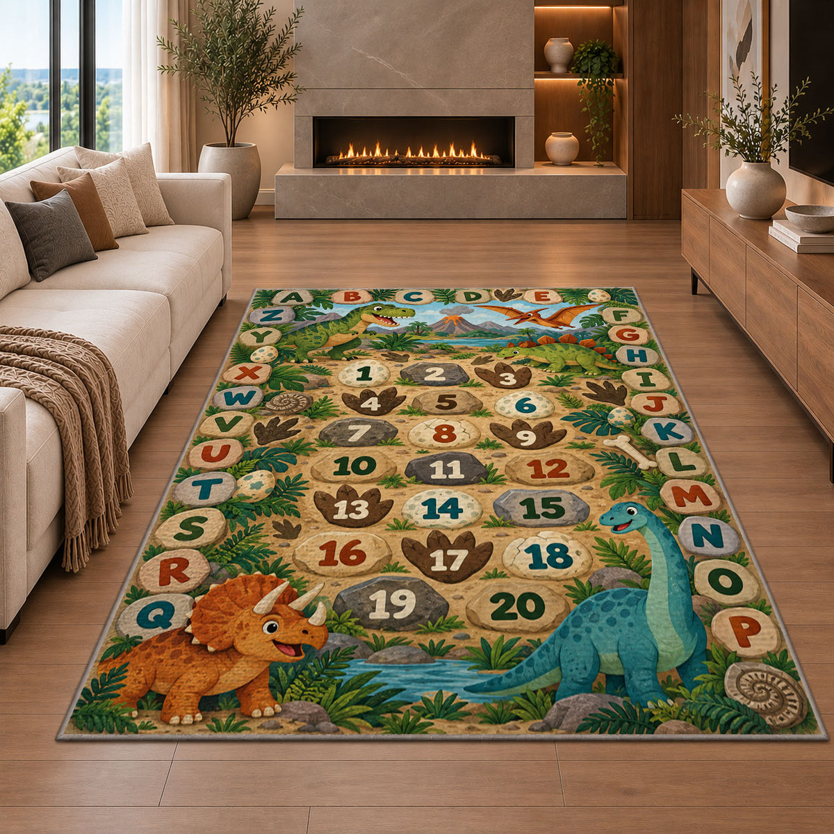 dinosaur alphabet number trail rug displayed in a living room with a fireplace