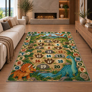 dinosaur alphabet number trail rug displayed in a living room with a fireplace