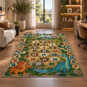 dinosaur alphabet number trail rug displayed in a lounge with wooden shelves