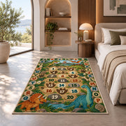 dinosaur alphabet number trail rug displayed in a bedroom in sunlight